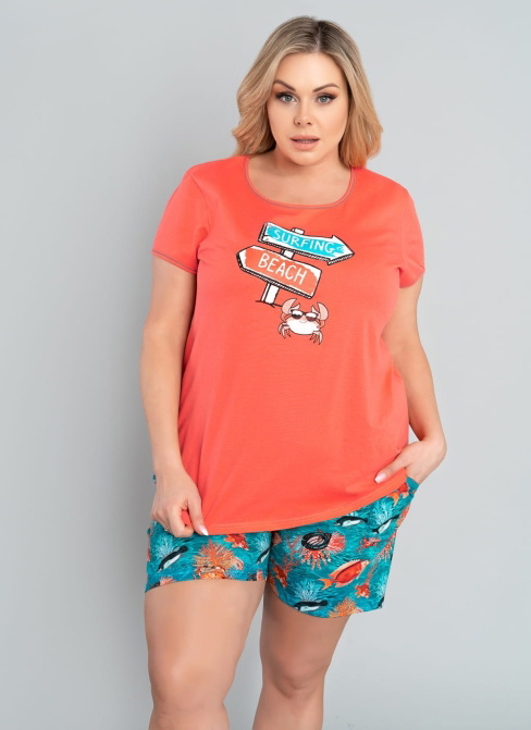 Pijama dama ITALIAN FASHION OCEANIA scurt coral/print