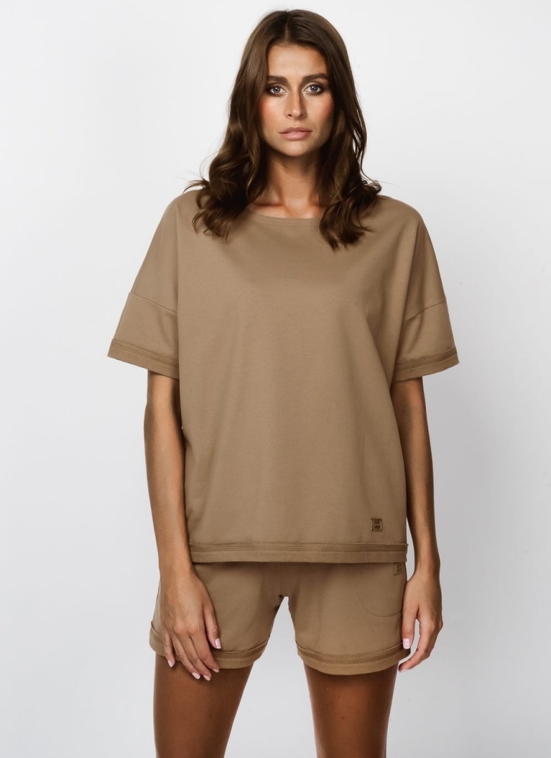 Komplet damski Italian Fashion bluzka ze spódnicą midi camel