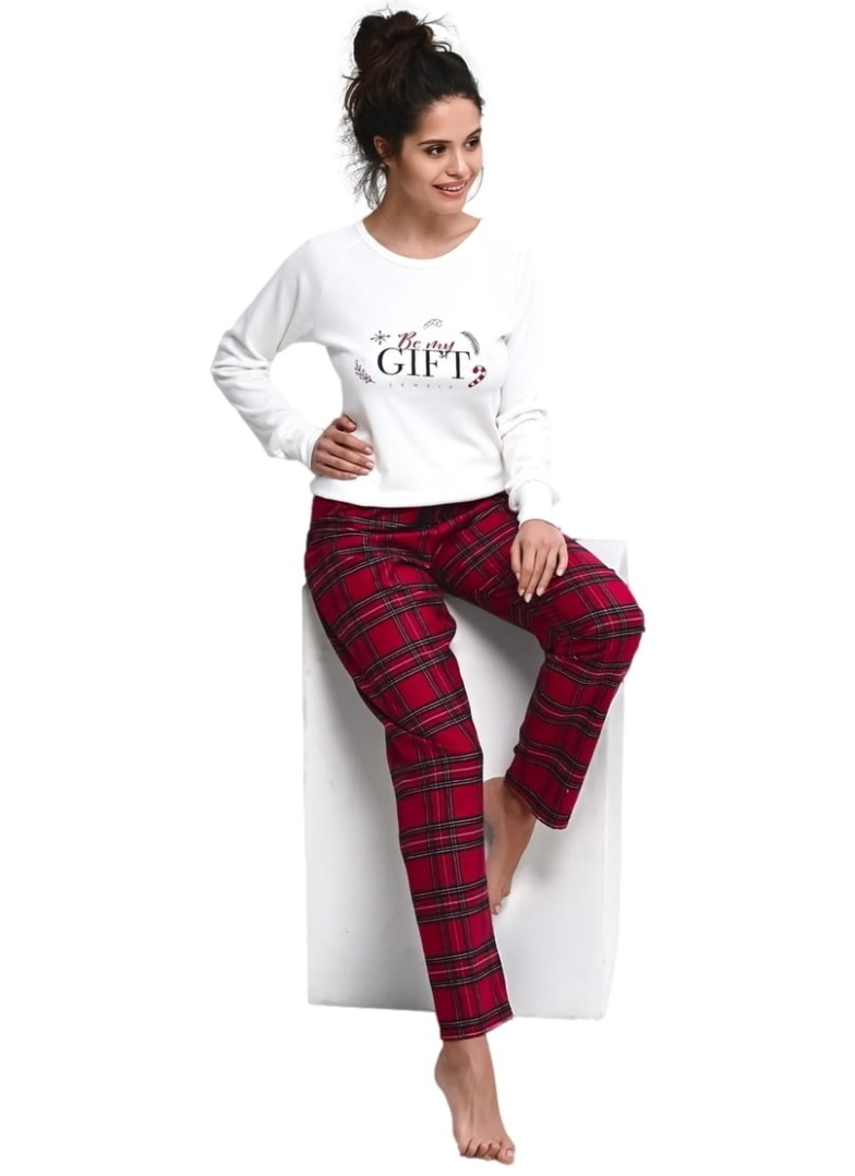 Pijama dama SENSIS.1264 crem/roșu INTERLOCK/ FLANEL