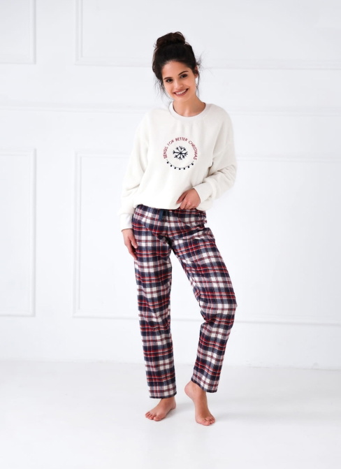 Pijama călduroasă dama SENSIS.1345 off-white/ albastru închis/ roșu