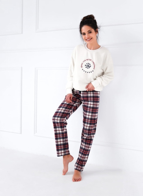 Pijama călduroasă dama SENSIS.1345 off-white/ albastru închis/ roșu