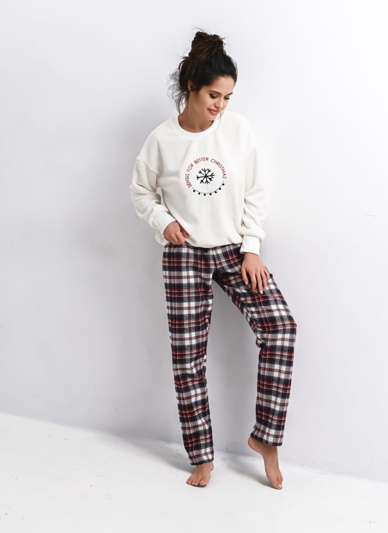 Pijama călduroasă dama SENSIS.1345 off-white/ albastru închis/ roșu