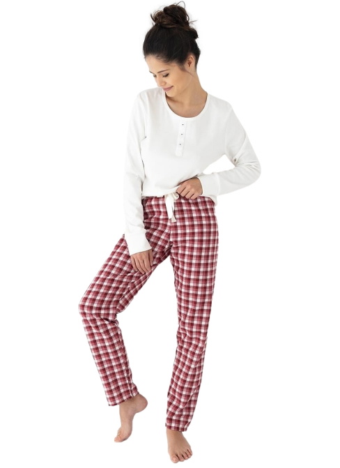 Pijama dama SENSIS OLYMPIA INTERLOCK/FLANEL ecru-roșu