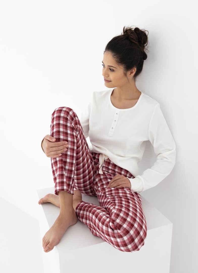 Pijama dama SENSIS OLYMPIA INTERLOCK/FLANEL ecru-roșu