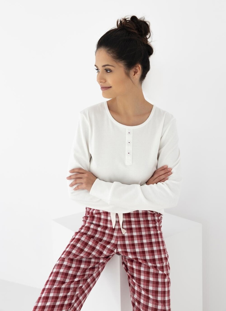 Pijama dama SENSIS OLYMPIA INTERLOCK/FLANEL ecru-roșu