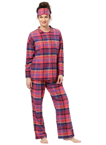 Pijama de damă cu nasturi KEY 483 roz model în carouri FLANEL