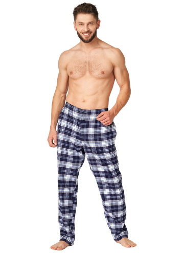 Pantaloni de pijama bărbați KEY 412 albastru închis model în carouri FLANEL