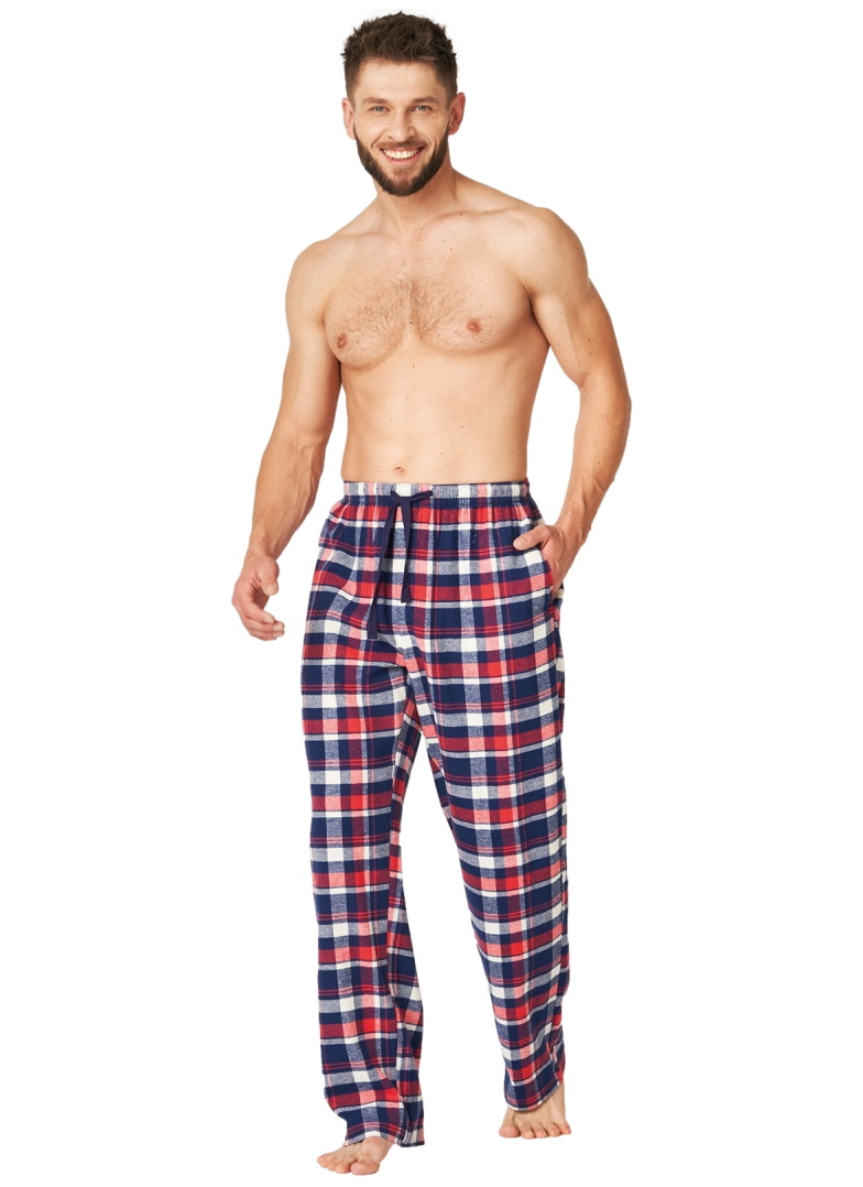 Pantaloni de pijama bărbați KEY 613 albastru închis model în carouri FLANEL