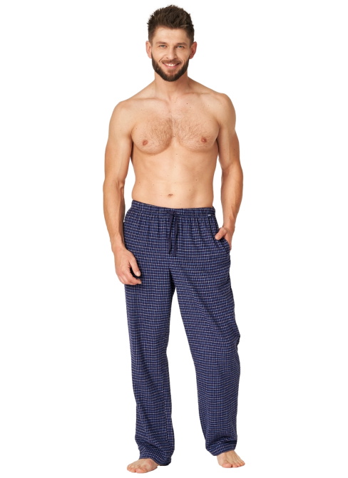 Pantaloni de pijama bărbați KEY 457 albastru închis model în carouri FLANEL