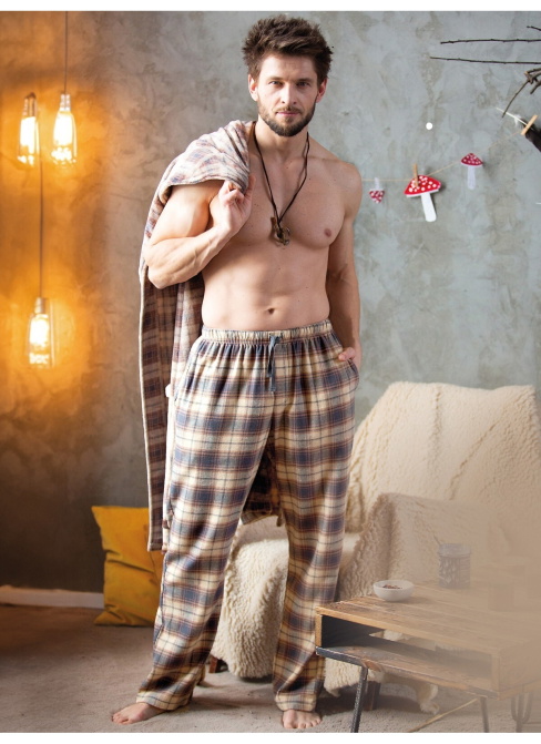 Pantaloni de pijama bărbați KEY 402 bej model în carouri FLANEL