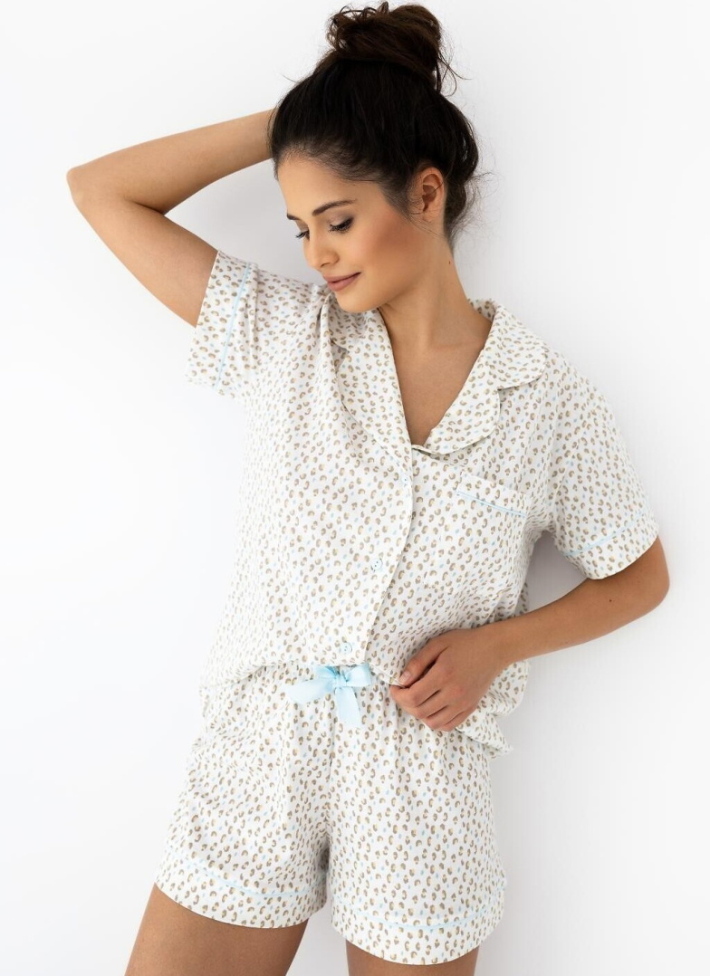 Pijama de damă cu nasturi SENSIS AMALIA alb-deschis-bej